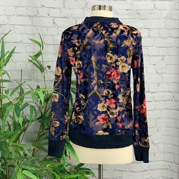 Mystree Navy Blue w/ Floral Velvet Bomber Jacket - Picture 4 of 8